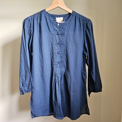 Anokhi Shirt Women's Sz S India 100% Cotton Blue Blouse 3/4 Sleeve Lightweight