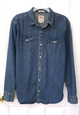VINTAGE Mens Levi's Standard Fit PEARL SNAP Blue Denim Shirt Medium Long Sleeve