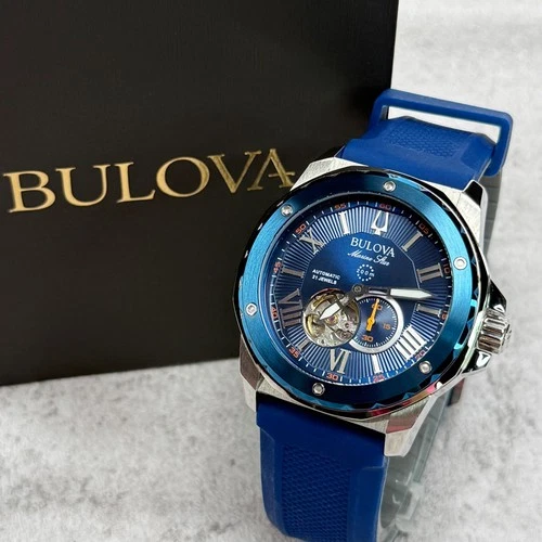 Bulova Marine Star 45mm Blue Dial Blue Rubber Strap Automatic Men's Watch 98A303