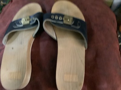 Vintage Scholl's Wooden Clog Exercise Sandals Blue Leather