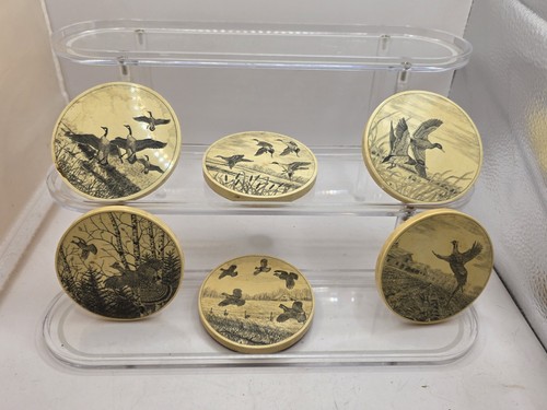 Set Of 6 Vintage Barlow Scrimshaw Game Bird Coasters S4