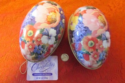 2 Vintage Hallmark Easter Egg Shaped 5'' Tins Container Floral & Purple w/1 tag
