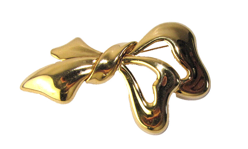 Monet Brooch Gold Metal Bow Ribbon Vintage Pin 1736t