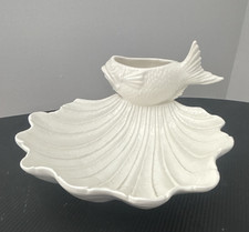 White Ceramic Shell Pattern Plate Tray, Glossy Finish, Sea Theme, 1 Pc