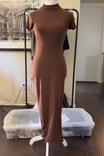 Windsor Brown Ribbed Knit Midi Dress Size L Mock Neck Stretch Bodycon Casual