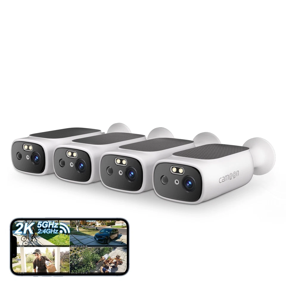 CAMOON 4pcs Outdoor Wireless Security Camera System Solar Battery Powered WIFI 2KCamera