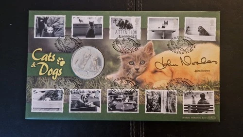 13.02.2001 C80 Benham FDC Cats & Dogs 2001 Isle of Man cats crown coin signed Jo