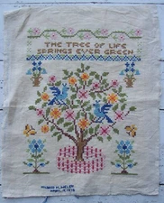 VTG The Tree of Life Completed Cross Stitch 14x16~Unframed~Signed+Dated 1975