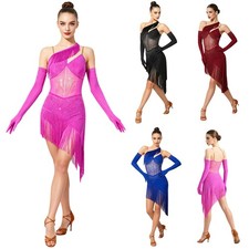 US Women Latin Dance Outfit Adjustable Shoulder Straps Rhinestones Tassel Dress