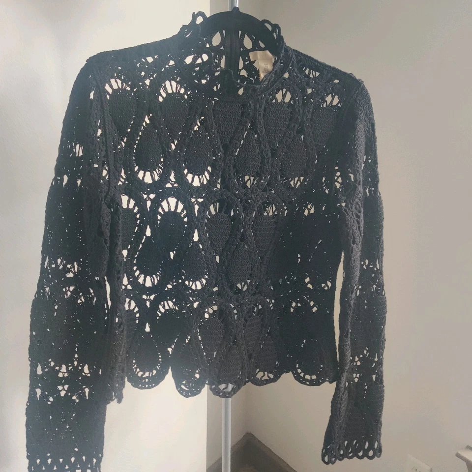 Blusa Top Suéter Granny Core H&M Look Crochet Tejido Cuello Alto Cremallera Negra Foto 2 de 4