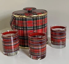 Vintage Georges Briard Plaid Ice Bucket plus 3 DOF Plaid Glasses