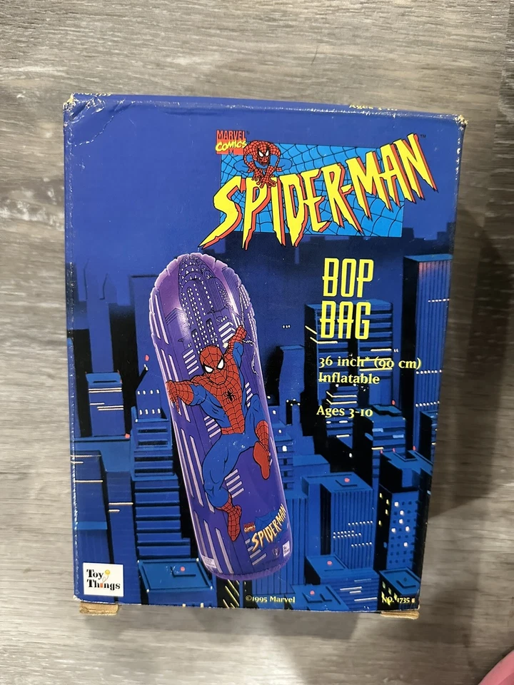 Bolso inflable vintage 1995 Marvel Spider-Man Bop nuevo en caja Foto 2 de 3