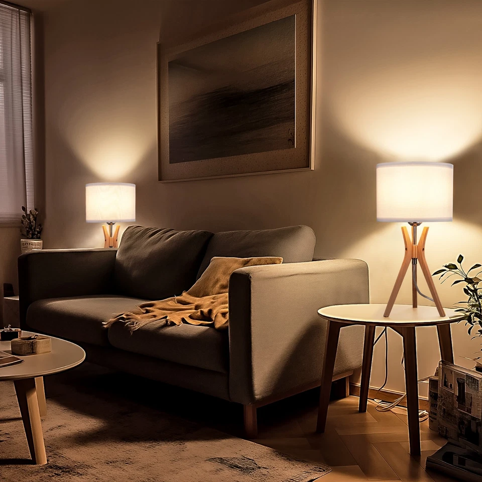EDISHINE Modern Tripod Table Lamp,Bedside Lamp Natural Wood Light Legs White - Image 3 of 4