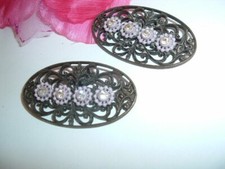Vintage Art Nouveau Copper Purple Rhinestone Flower 2" Shoe Clips