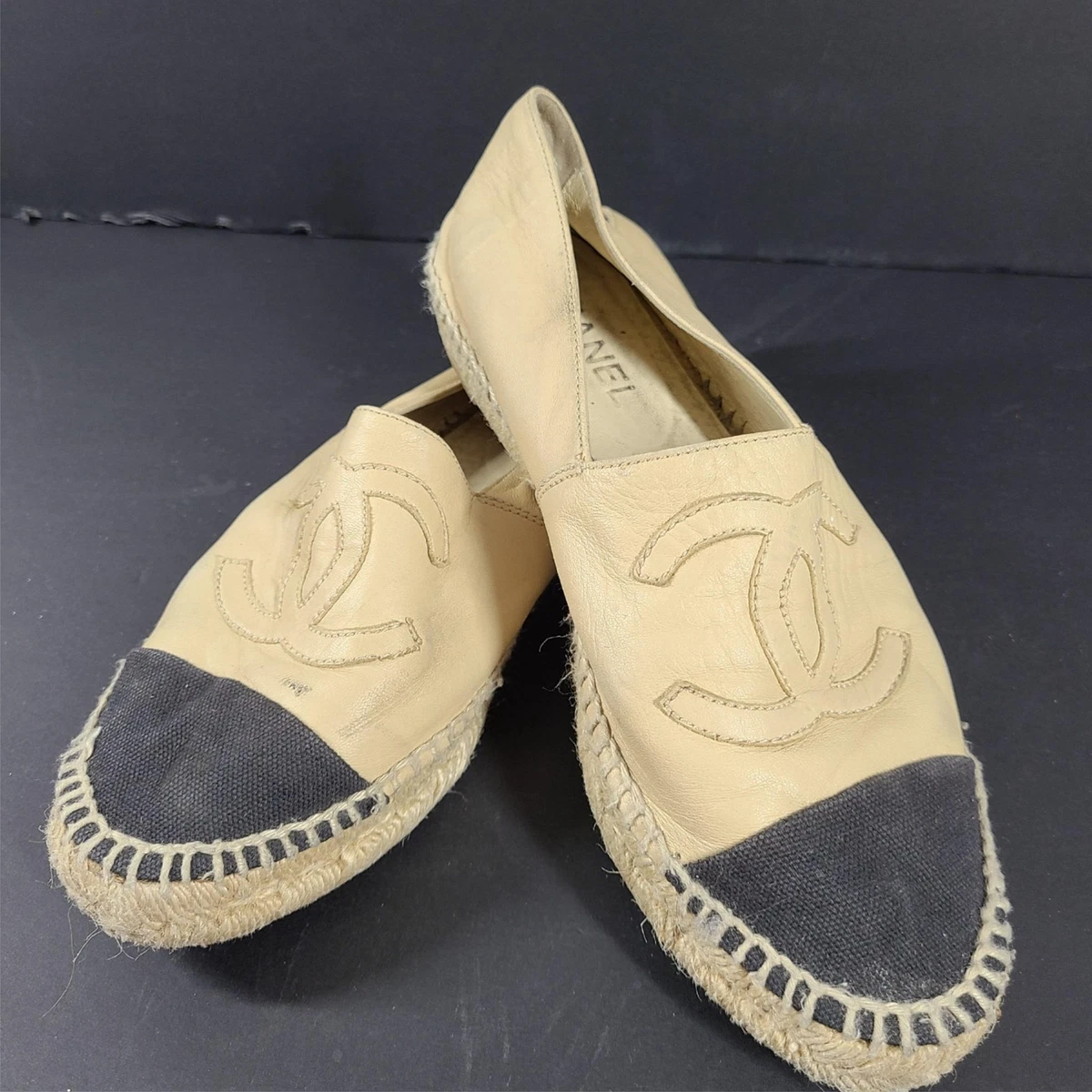 Chanel Women's Lambskin Leather CC Cap Toe Espadrilles Beige/Black  G29762 7.5