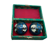 Vintage new Cloisonn  Baoding Balls panda in green box lovely chime
