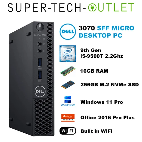 Dell OptiPlex Micro PC 3070 i5 9500T 16GB 256GB SSD Windows 11 Office 2016 WiFi