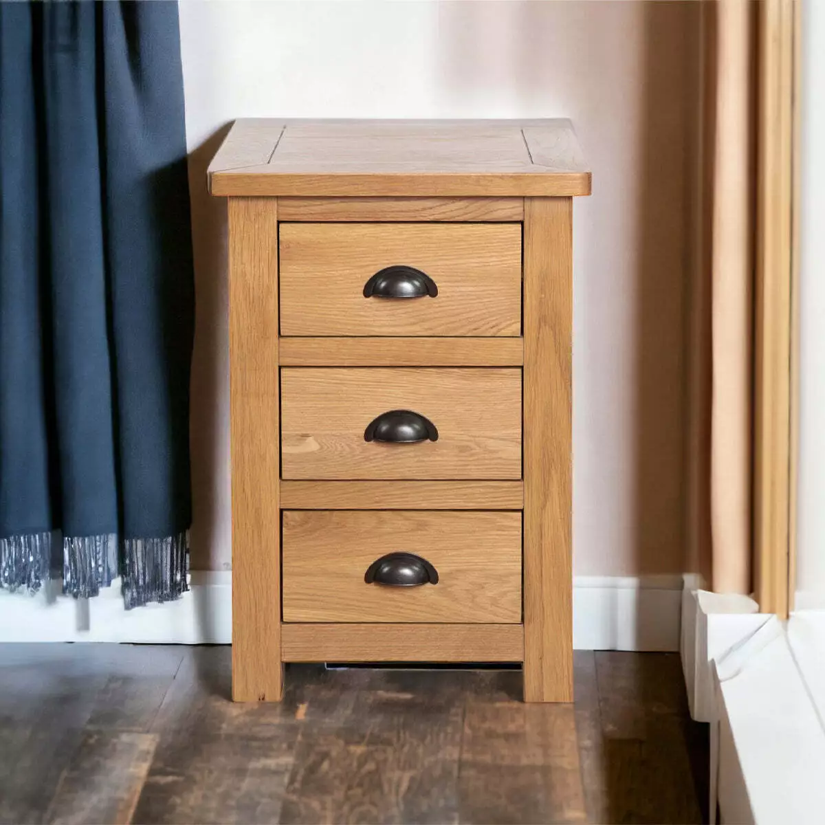 Oak Bedside Table with 3 Drawers Solid Wood Fully Assembled
