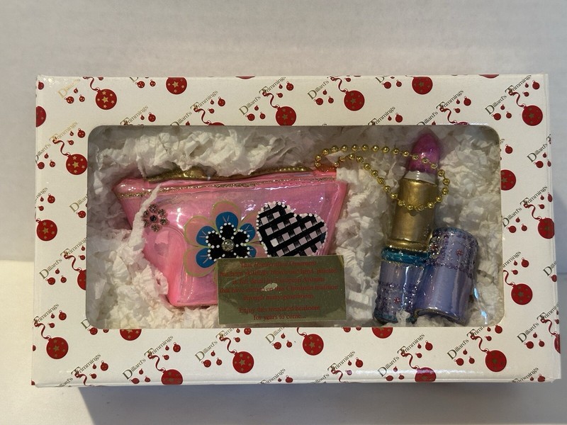 NIB Vintage Poland Purse & Lipstick Blown Glass & Hand Painted Ornaments Heavy