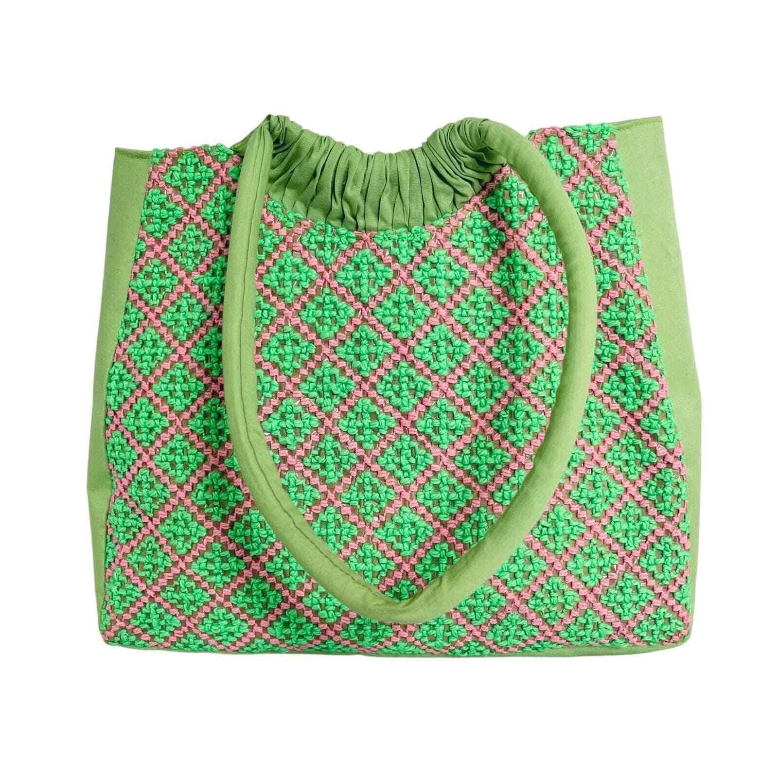 VTG HAND KNIT Fabric Bag Crochet Tote Green Pink … - image 1