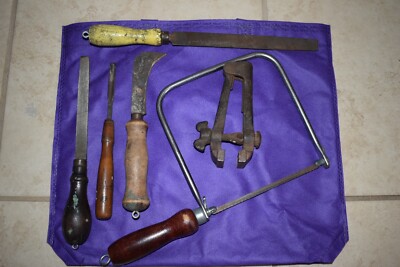 Tools With Wooden Handles Vintage, Flooring Knife, Vice, Chisel, Saw, 2 Files 