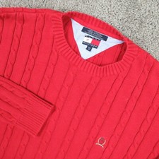 Vintage Tommy Hilfiger Sweater Mens 2XL Red Cable Knit Cotton Pullover Crest