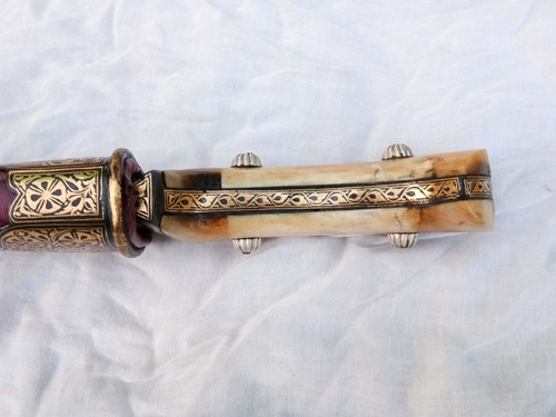 old Mughal Islamic Sikh Punjabi holy script bone handle curve wootz blade dagger - Picture 19 of 20