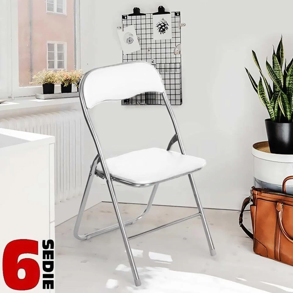 Set 6 Pezzi Sedie Imbottite Pieghevoli Salvaspazio Sedia Struttura Metallo Bianc - Immagine 3 di 4