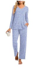 2 Piece Women's Fall Pajama Sets, Long Sleeve Lounge Small Spotted Blue