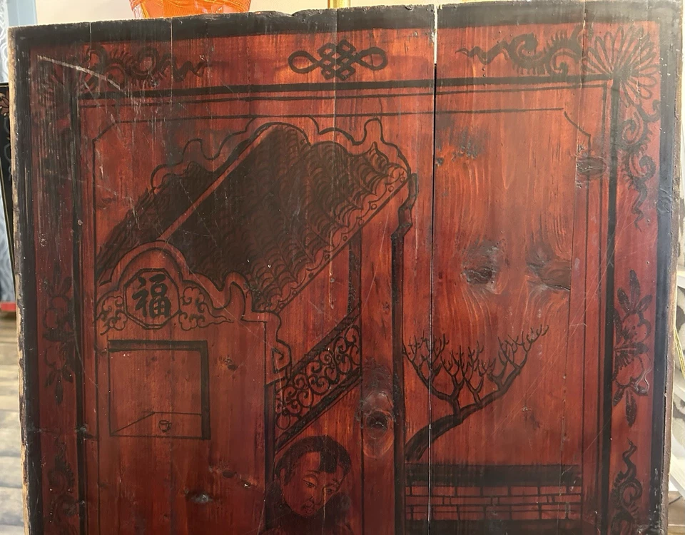 "4 pinturas chinas de la década de 1850 sobre paneles de madera 38""x22"" escenas de género sin enmarcar como están" Foto 4 de 4