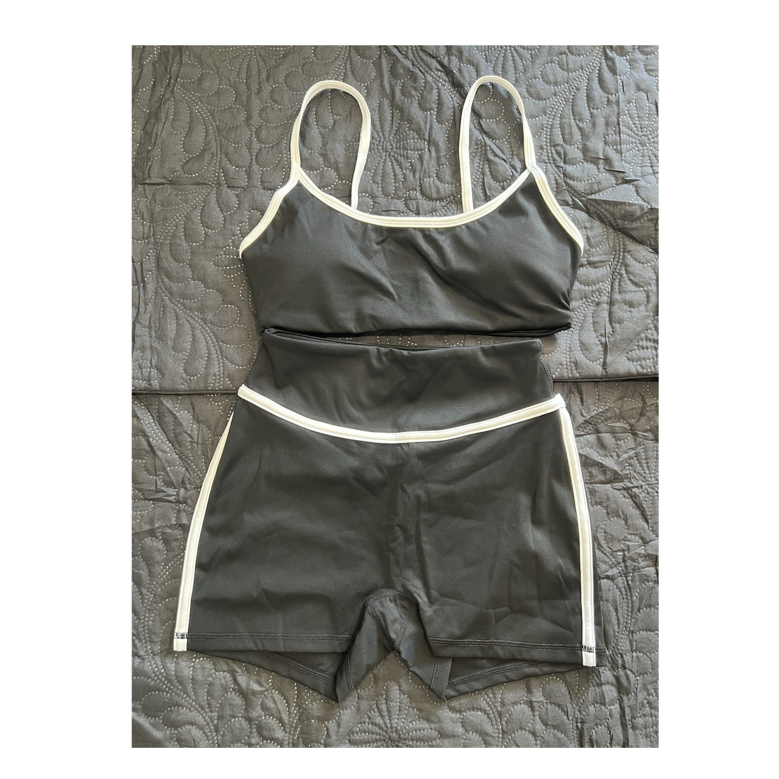 Black White Contrast Trim 2-Piece Bikini Set Solid Swim Shorts Bottom Size S