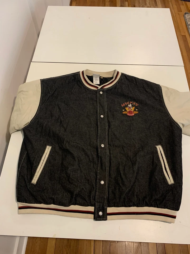 Vintage Mickey Mouse Jacket XXL Black Cream 90s Disney Varsity Letterman Bomber - Image 2 of 4