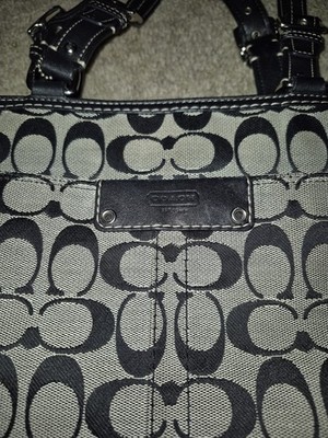 Coach Hamptons Signature Handbag Canvas Black Double Leather