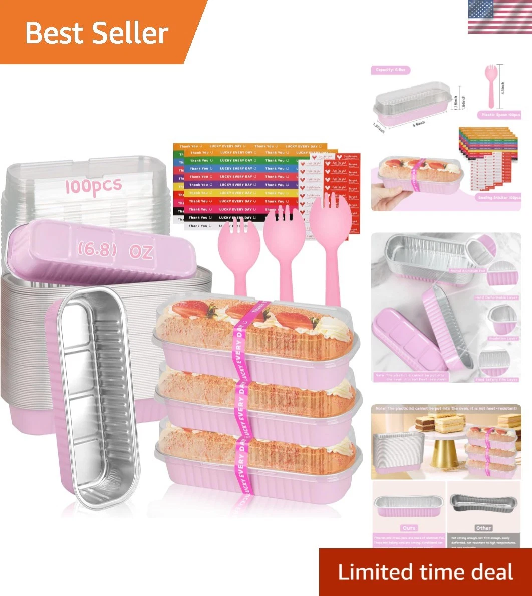 Compact 100 Pack Mini Loaf Pans - 6.8oz Oven Safe Baking Pans with Lids & Spoons