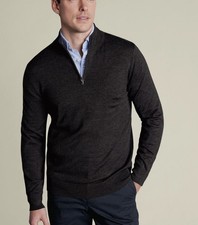 Charles Tyrwhitt Men Pure Merino charcoal grey Size medium Zip Neck Jumper New