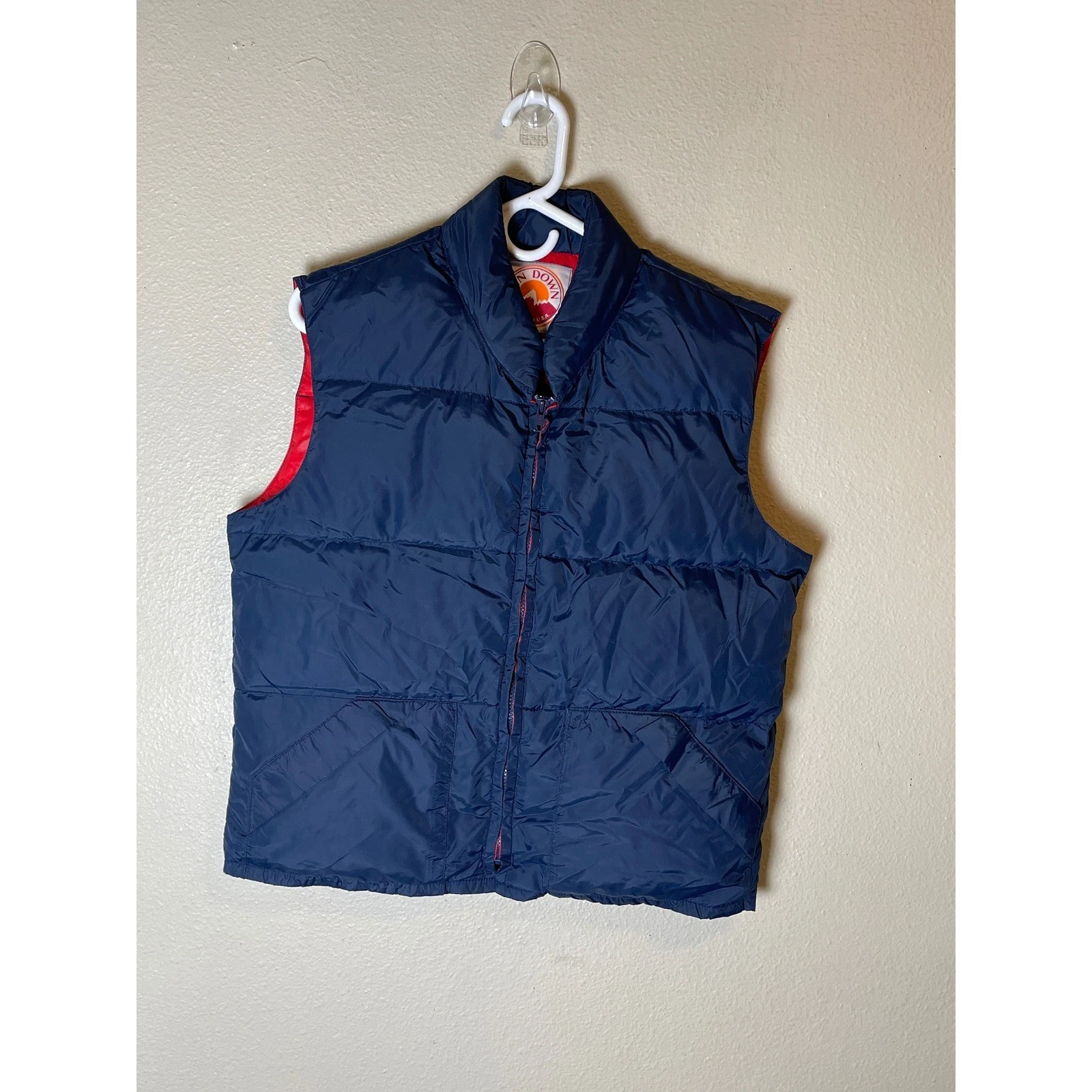 Vintage Sun Down Puffer Vest Mens Small Blue Red Duck Down Quilted Sleeveless