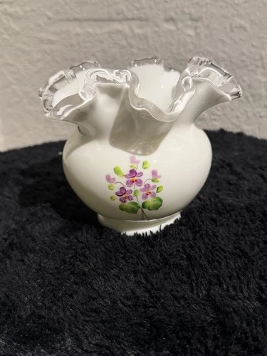 Fenton Glass 4" Vase Bowl Violets in The Snow 1970s Vintage Signed by S. Walsh