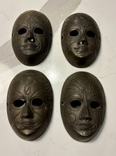 Antique Vtg Set/4 Metal Solid Brass Heavy Tribal Masks 4.75"x3.25"