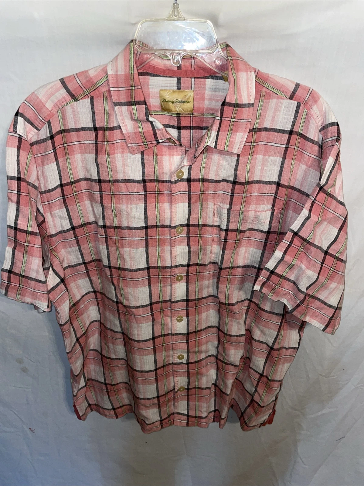 Tommy Bahama Mens Casual Shirt Size XL Pink Plaid 100% Linen Beach Cruise