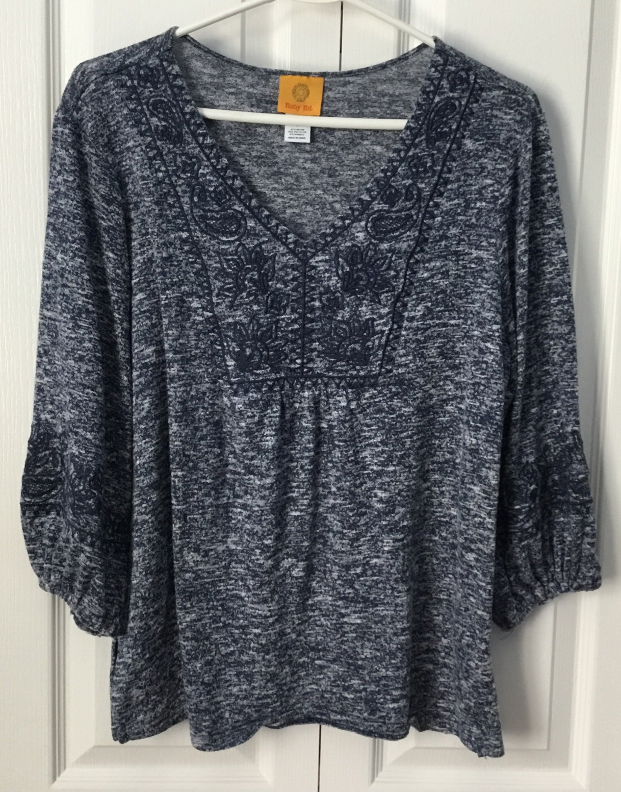 Ruby Rd Embrordered V-neck Blue Spacedye Knit Top… - image 1