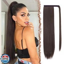 FESHFEN Ponytail Extensions - 24 Inch Long Straight Brown Wrap Around Synthet