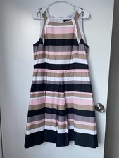 Nine West Striped Fit & Flare Pleated Dress Pink & Black Sz 12 Cocktail Midi