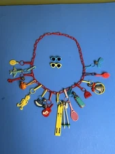 Plastic Bell Charm Clip 23” Necklace Red Chain 14 Charms 1980s Costume Vintage