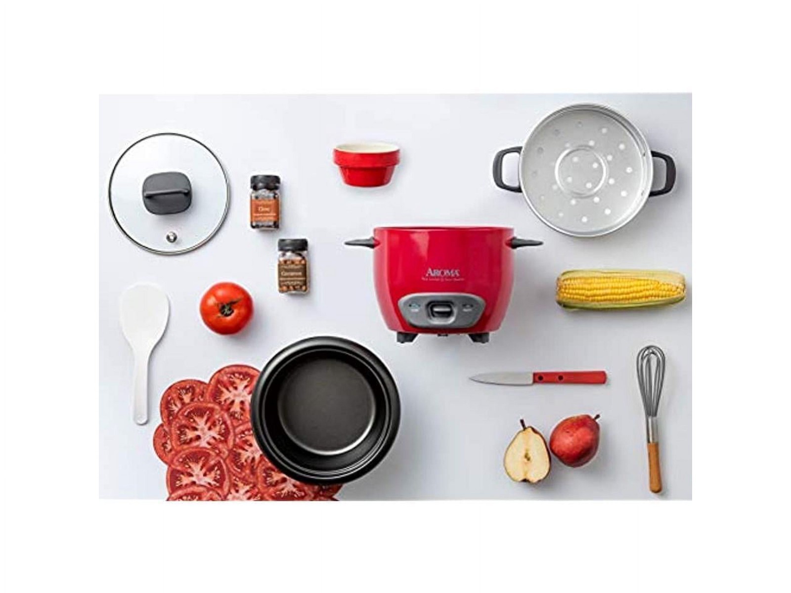 AROMA&reg; 6-Cup (Cooked) /1.5Qt. Rice & Grain Cooker, Red/ White, New, ARC-743-1NGR