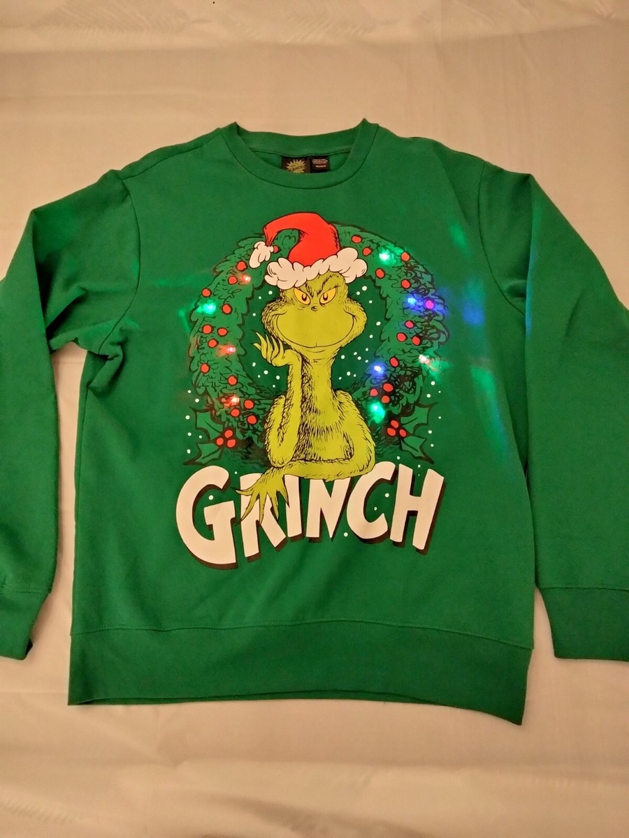 The Grinch Sweatshirt Green Christmas Wreath With Blinking Lights Size M