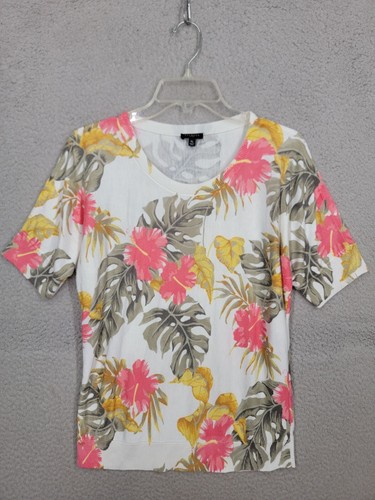 Talbots Hibiscus Flower Floral Palm Short Sleeve Pullover Sweater Mp petite