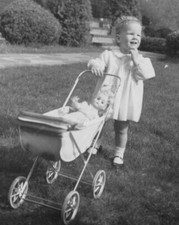 1940s Girl Toy Doll Stroller Childhood Portrait Front Lawn Carriage Toy Pushing