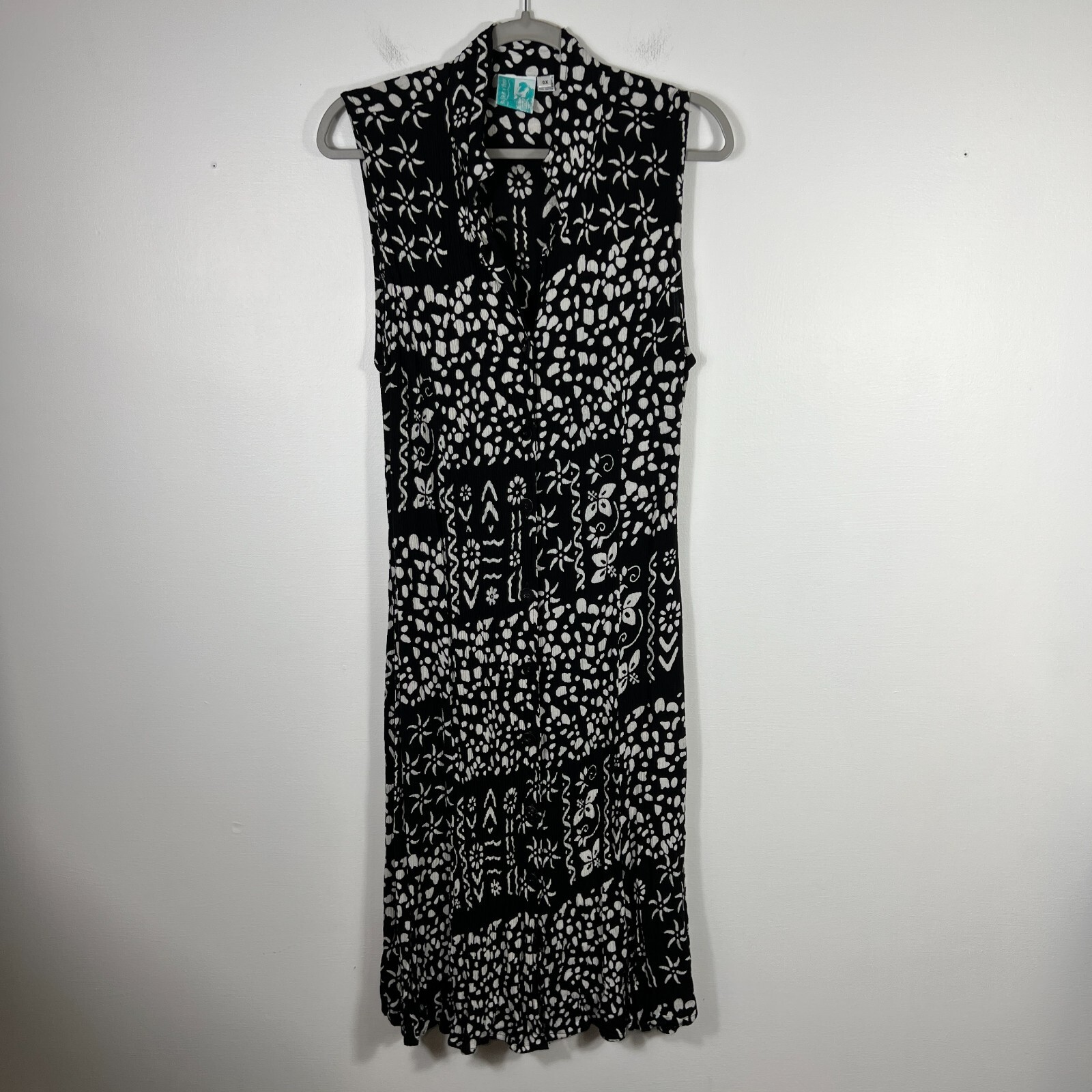 Buster N Bogi Dress 0X Black White Batik Button Front Sleeveless Flowy Floral