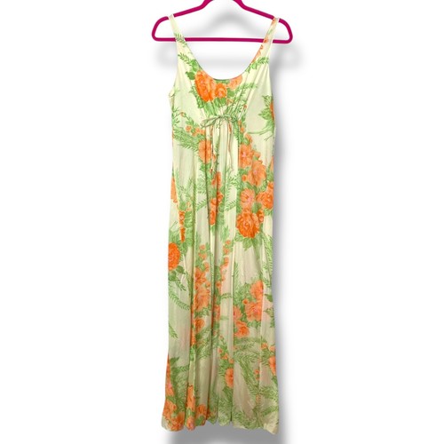 1970s Vintage Lorraine Nylon Nightgown Size L Empire Waist Floral Coral & Green