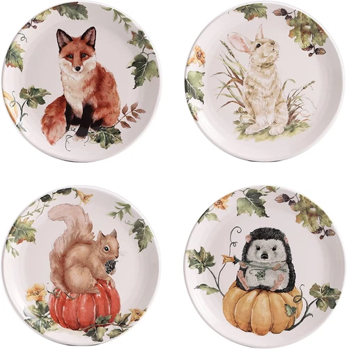 Woodland Critters Ceramic Salad Plates, 8.75 Inch, Set of 4, for Salad, Appetize